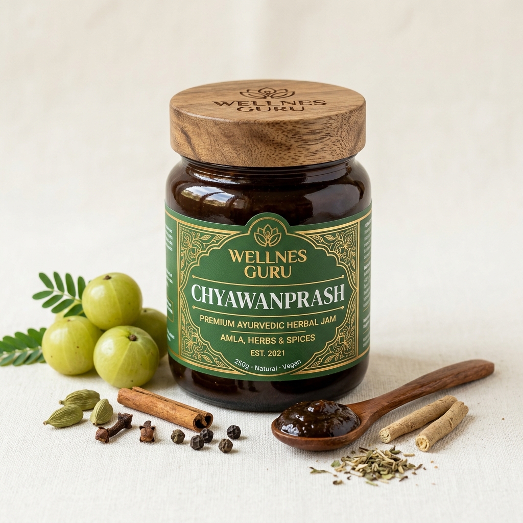 Wellnes Guru Chyawanprash jar with wooden spoon