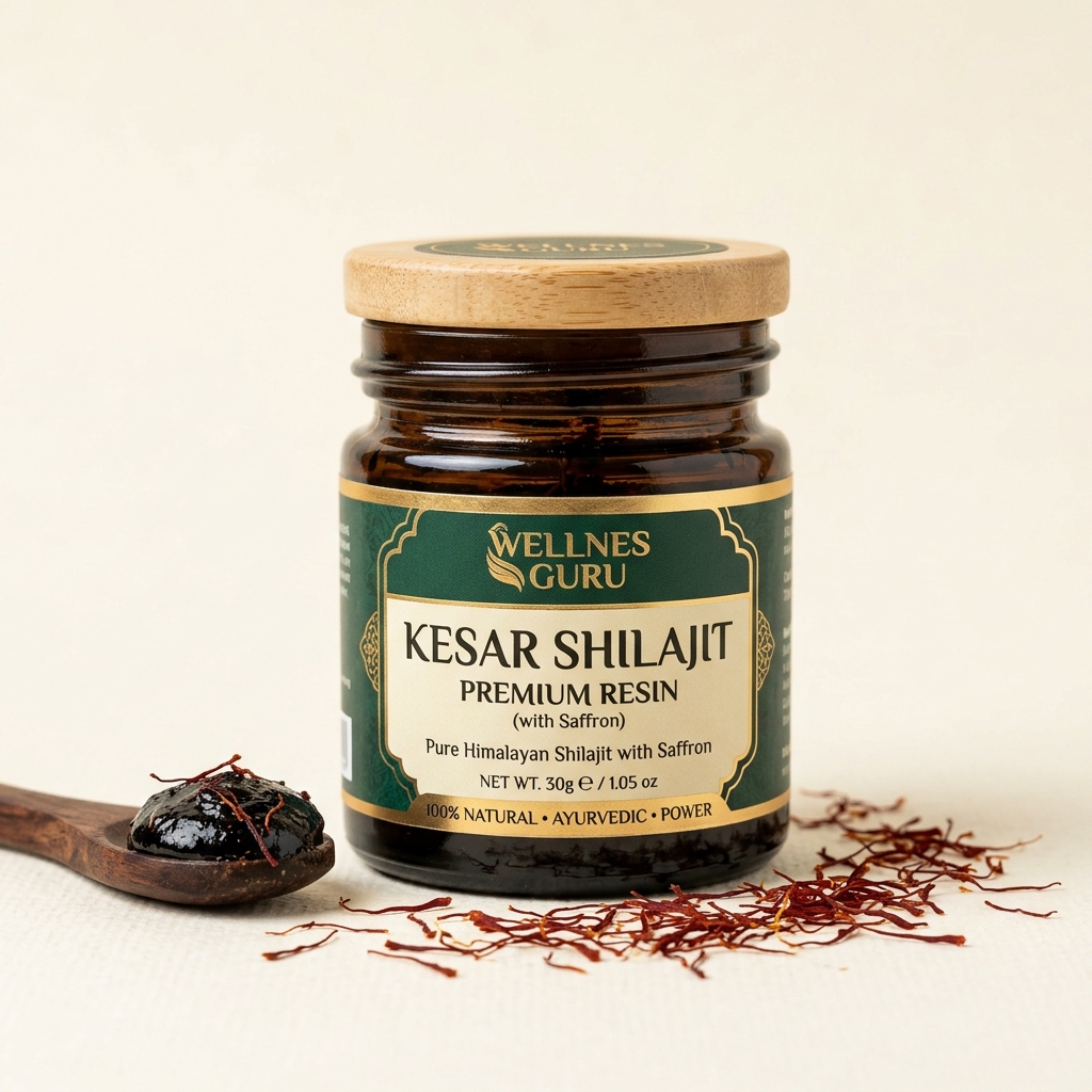 Wellnes Guru Kesar Shilajit Resin jar with saffron